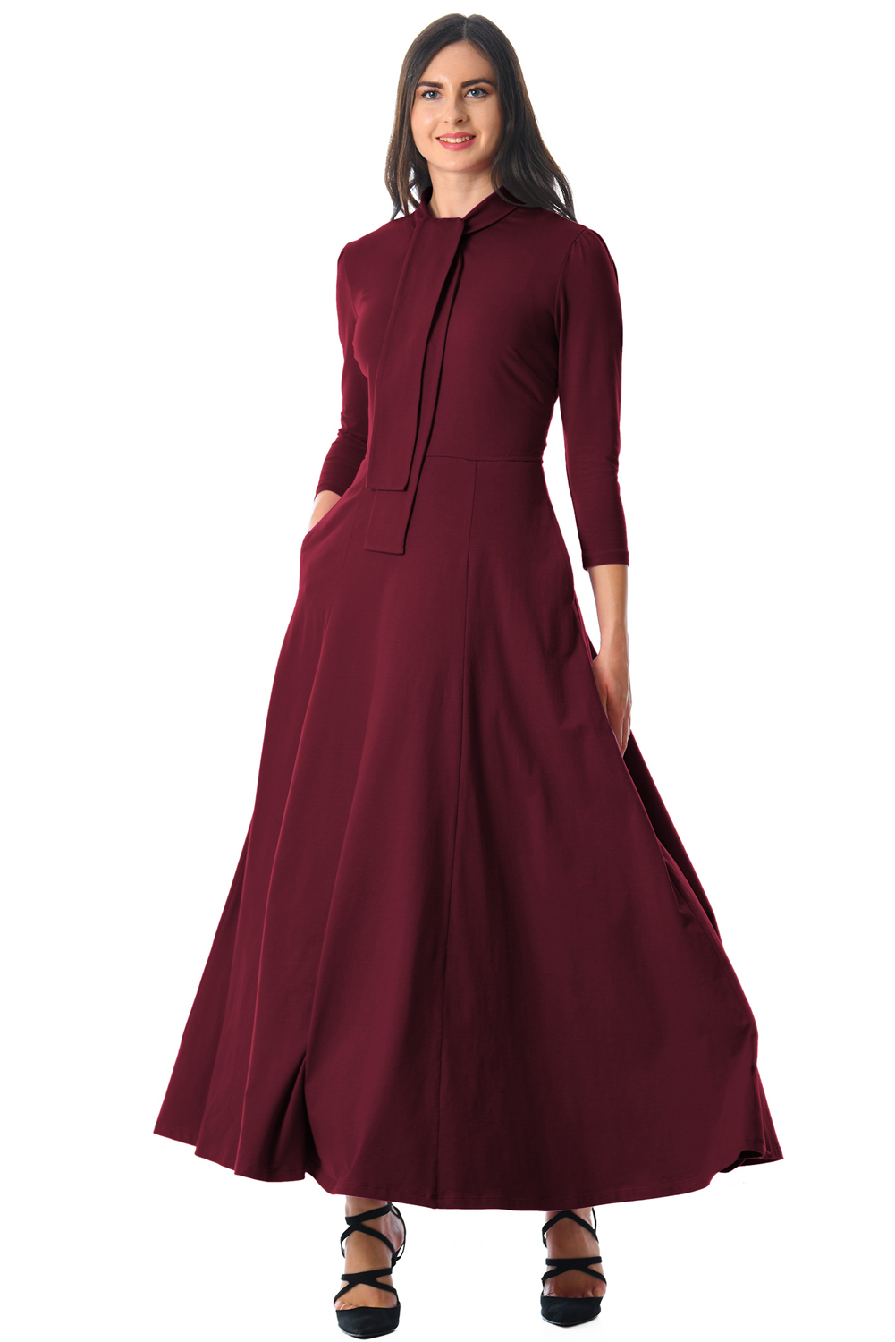 BY610398-3 Burgundy Pocketed  Sleeves Tie Neck Maxi Dress